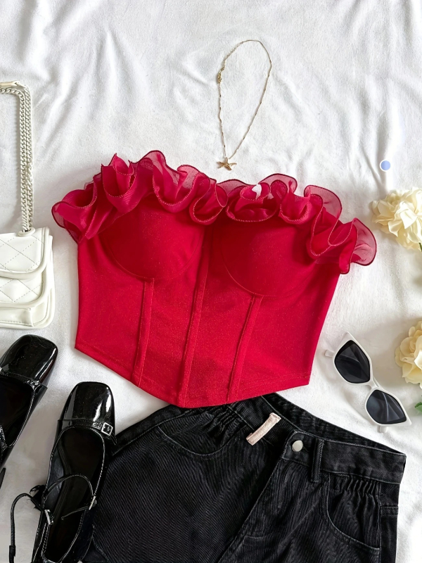 Valódi kép a 2025-ös elegáns és elegáns sztereó virágmintás Pure Desire csőmellényről, kívül és belül is viselve, karcsúsított, szexi felsővel.