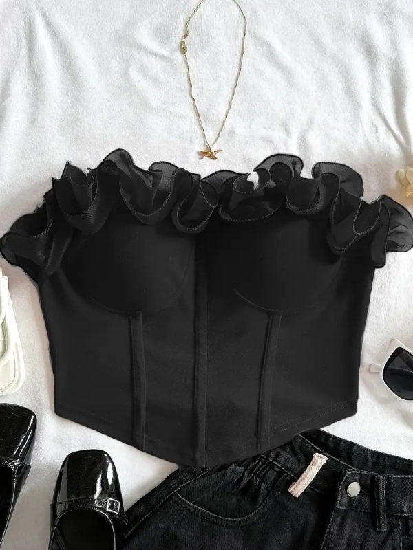 Valódi kép a 2025-ös elegáns és elegáns sztereó virágmintás Pure Desire csőmellényről, kívül és belül is viselve, karcsúsított, szexi felsővel.