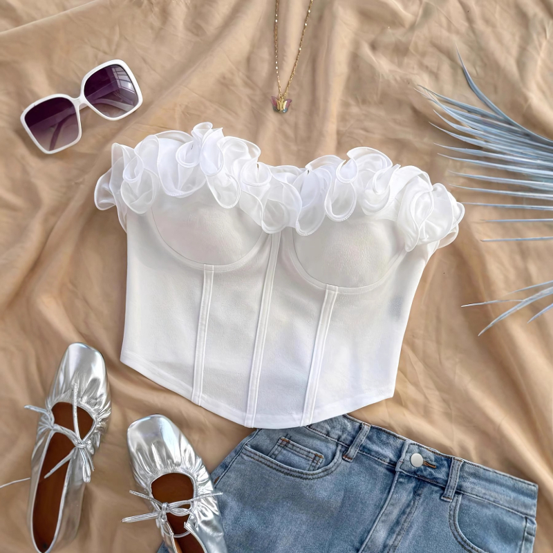 Valódi kép a 2025-ös elegáns és elegáns sztereó virágmintás Pure Desire csőmellényről, kívül és belül is viselve, karcsúsított, szexi felsővel.