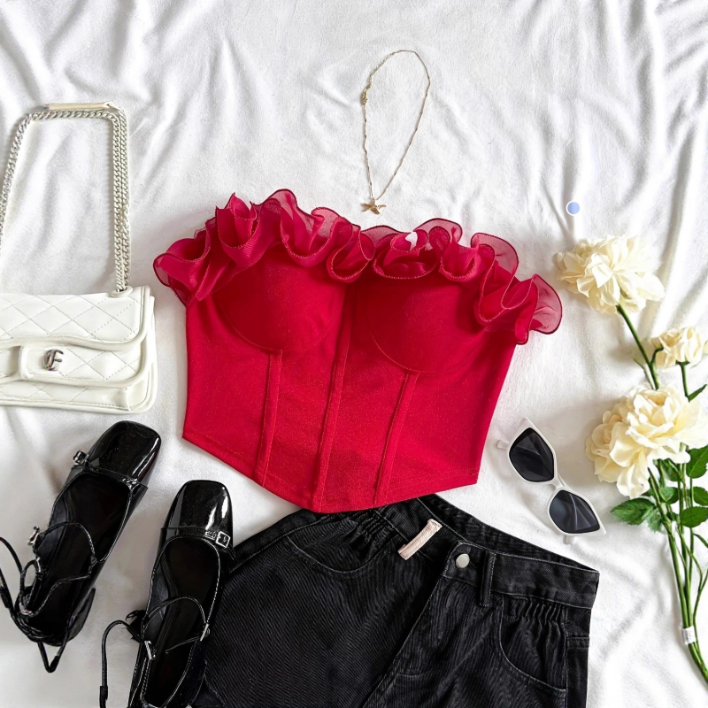 Valódi kép a 2025-ös elegáns és elegáns sztereó virágmintás Pure Desire csőmellényről, kívül és belül is viselve, karcsúsított, szexi felsővel.