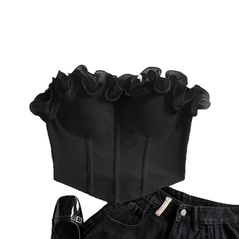 Valódi kép a 2025-ös elegáns és elegáns sztereó virágmintás Pure Desire csőmellényről, kívül és belül is viselve, karcsúsított, szexi felsővel.