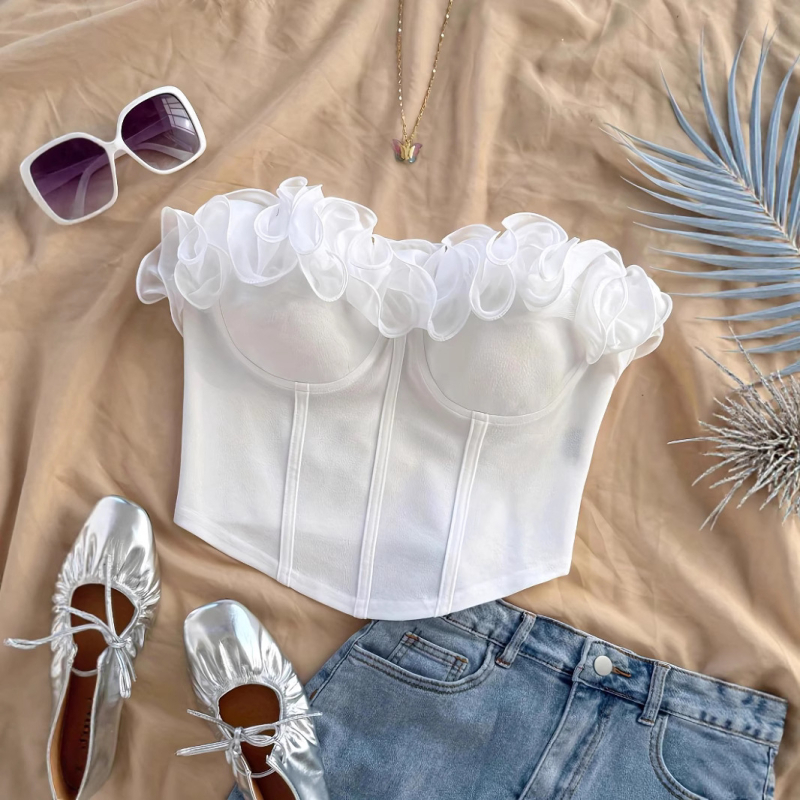 Valódi kép a 2025-ös elegáns és elegáns sztereó virágmintás Pure Desire csőmellényről, kívül és belül is viselve, karcsúsított, szexi felsővel.