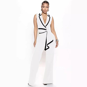 TD2769 Ευρωπαϊκό και Αμερικανικό καλοκαιρινό παντελόνι με V λαιμόκοψη, κομψό, αμάνικο και στενή εφαρμογή, σε φαρδιά μπατζάκια, για γυναίκες, με διασυνοριακές τάσεις