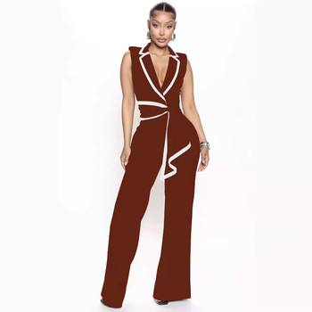 TD2769 Ευρωπαϊκό και Αμερικανικό καλοκαιρινό παντελόνι με V λαιμόκοψη, κομψό, αμάνικο και στενή εφαρμογή, σε φαρδιά μπατζάκια, για γυναίκες, με διασυνοριακές τάσεις