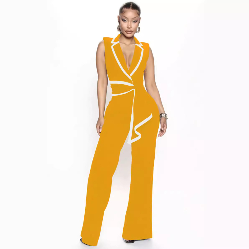 TD2769 Európai és amerikai határokon átnyúló nyári női új divatos V-nyakú elegáns ujjatlan karcsúsított bő szárú nadrág