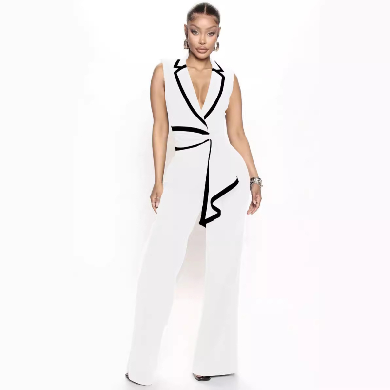 TD2769 Európai és amerikai határokon átnyúló nyári női új divatos V-nyakú elegáns ujjatlan karcsúsított bő szárú nadrág