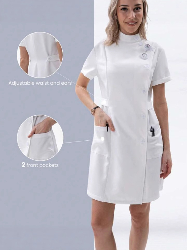 Guangzhou nyári új női kis állógalléros rövid ujjú középhosszú fehér kabát női dzseki vékony orvosi munkaruha