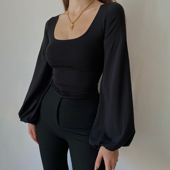 Novi crni top dugih rukava za žene s prekograničnim izrezom, nabranim strukom, majicom za stanjivanje, rukavima u obliku lampiona, uskom donjom košuljom