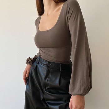 Novi crni top dugih rukava za žene s prekograničnim izrezom, nabranim strukom, majicom za stanjivanje, rukavima u obliku lampiona, uskom donjom košuljom