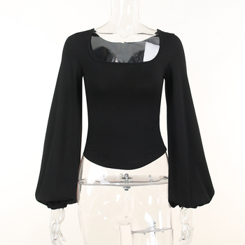 Novi crni top dugih rukava za žene s prekograničnim izrezom, nabranim strukom, majicom za stanjivanje, rukavima u obliku lampiona, uskom donjom košuljom