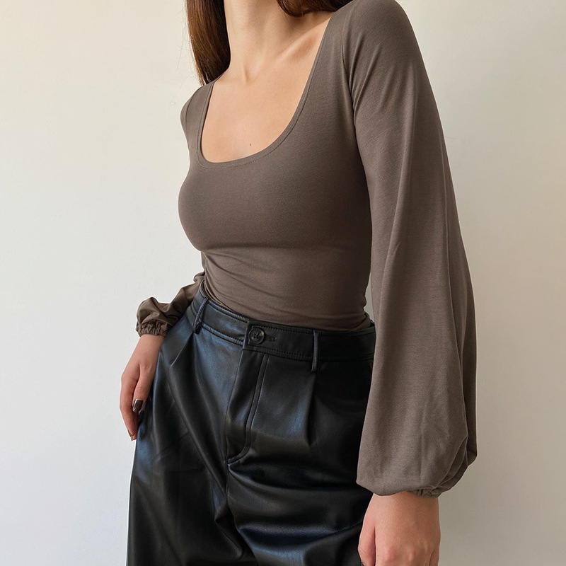 Novi crni top dugih rukava za žene s prekograničnim izrezom, nabranim strukom, majicom za stanjivanje, rukavima u obliku lampiona, uskom donjom košuljom