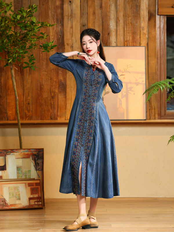 Haljina s kardiganom i vezom za veće veličine, jesen 2023., novi retro etnički stil, traper suknja velike veličine, 82621