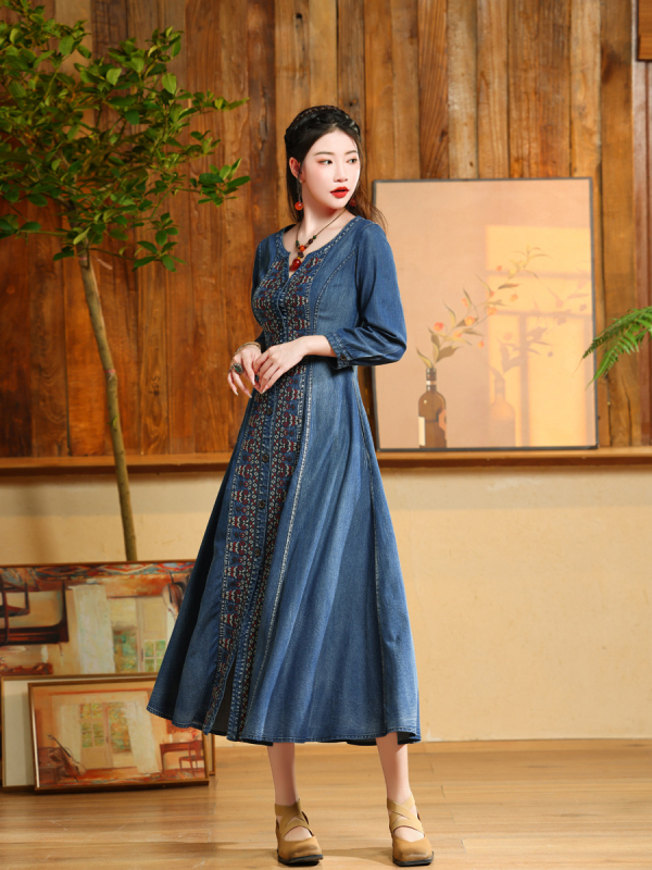 Haljina s kardiganom i vezom za veće veličine, jesen 2023., novi retro etnički stil, traper suknja velike veličine, 82621