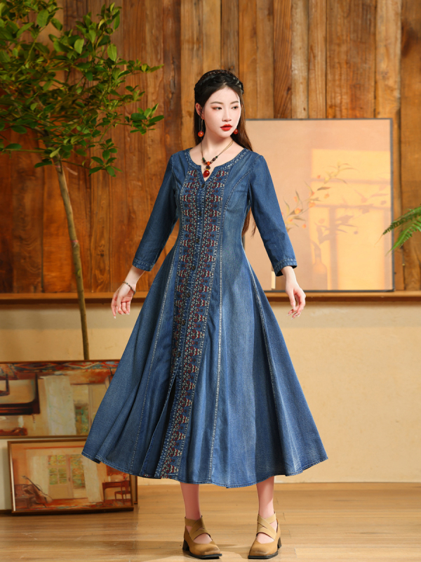 Haljina s kardiganom i vezom za veće veličine, jesen 2023., novi retro etnički stil, traper suknja velike veličine, 82621