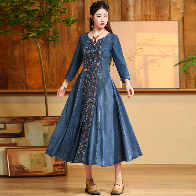 Haljina s kardiganom i vezom za veće veličine, jesen 2023., novi retro etnički stil, traper suknja velike veličine, 82621