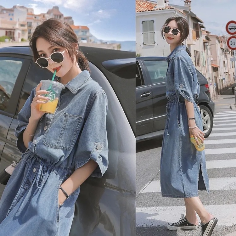 Farmerszoknya ruha Női nyári hosszú 2021 új pufók lány nagy méretű diákruha laza derék karcsúsító