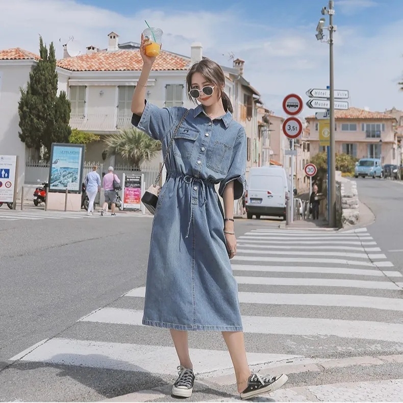 Farmerszoknya ruha Női nyári hosszú 2021 új pufók lány nagy méretű diákruha laza derék karcsúsító