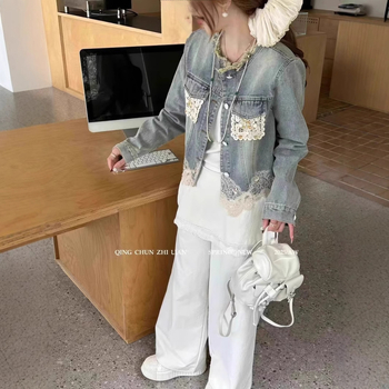 Υψηλής ποιότητας Ευρωπαϊκή Άνοιξη Νέα Μόδα Γυναικεία Ριχτά Μακρυμάνικα Μπλούζες Τζιν με Δαντέλα και Σχέδια