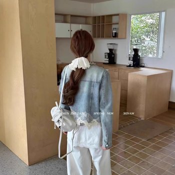 Υψηλής ποιότητας Ευρωπαϊκή Άνοιξη Νέα Μόδα Γυναικεία Ριχτά Μακρυμάνικα Μπλούζες Τζιν με Δαντέλα και Σχέδια