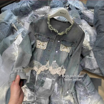 Υψηλής ποιότητας Ευρωπαϊκή Άνοιξη Νέα Μόδα Γυναικεία Ριχτά Μακρυμάνικα Μπλούζες Τζιν με Δαντέλα και Σχέδια