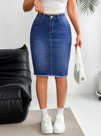 Γυναικεία φούστα τζιν με μέση και ίσια γραμμή, μέχρι το γόνατο και σκισμένα πόδια - Casual, πλενόμενη στο πλυντήριο, μονόχρωμη φούστα άνοιξη-καλοκαίρι-φθινόπωρο, εποχιακή