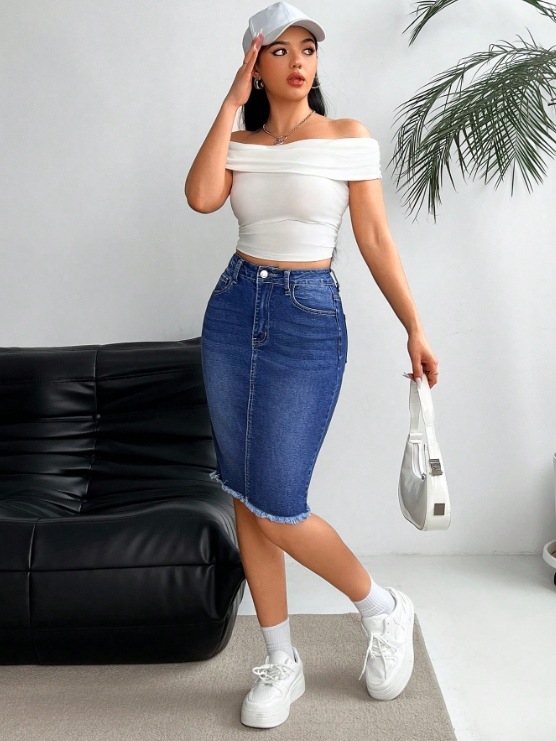 Női középderekú, egyenes szárú, kopott, térdig érő, farmerszoknya - lezser, mosógépben mosható, egyszínű, tavaszi/nyári, őszi szoknya, szezonális