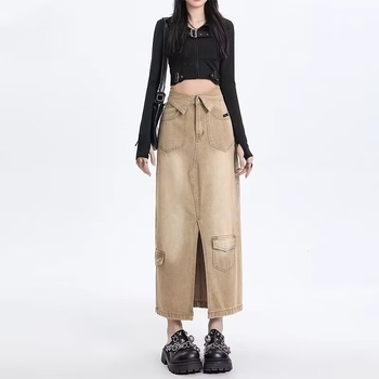 Amerikai stílusú retró, középhosszú, farmerszoknya, női, tavaszi és őszi dizájnú, felhajtott, magas derekú, hasított, A-vonalú munkaruha szoknya