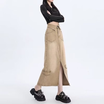 Γυναικεία φούστα τζιν μεσαίου μήκους σε αμερικανικό στιλ, ρετρό, για την άνοιξη και το φθινόπωρο, με σχέδιο Sense, γυριστή ψηλή μέση, σε γραμμή Α, για επαγγελματικά ρούχα