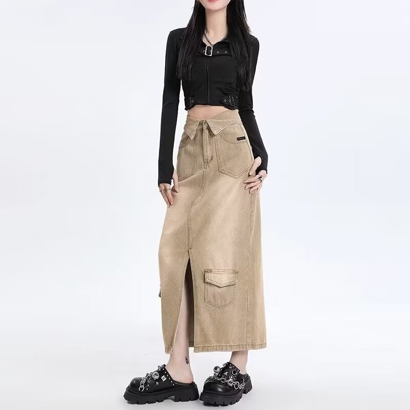 Amerikai stílusú retró, középhosszú, farmerszoknya, női, tavaszi és őszi dizájnú, felhajtott, magas derekú, hasított, A-vonalú munkaruha szoknya