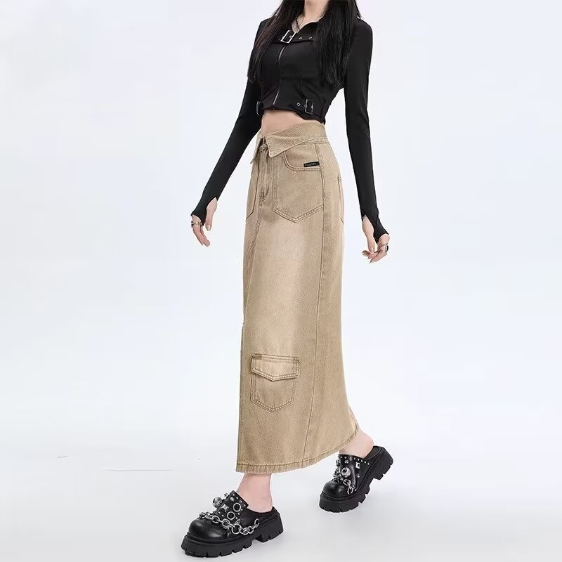 Amerikai stílusú retró, középhosszú, farmerszoknya, női, tavaszi és őszi dizájnú, felhajtott, magas derekú, hasított, A-vonalú munkaruha szoknya