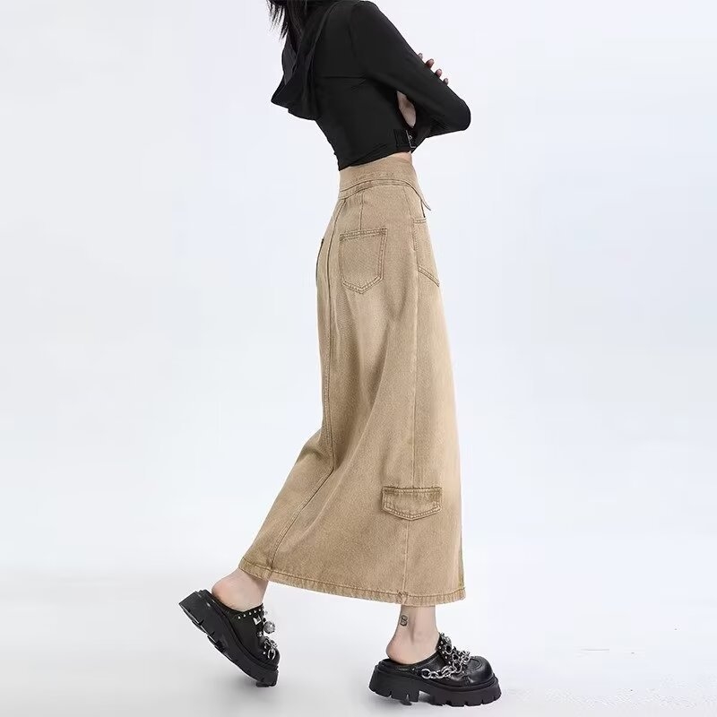 Amerikai stílusú retró, középhosszú, farmerszoknya, női, tavaszi és őszi dizájnú, felhajtott, magas derekú, hasított, A-vonalú munkaruha szoknya