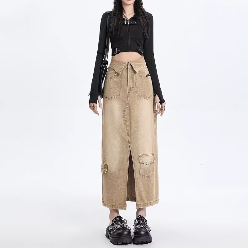 Amerikai stílusú retró, középhosszú, farmerszoknya, női, tavaszi és őszi dizájnú, felhajtott, magas derekú, hasított, A-vonalú munkaruha szoknya
