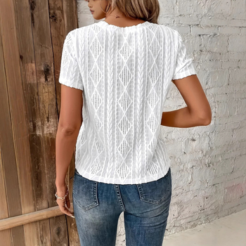 Ευρωπαϊκό και αμερικανικό καλοκαίρι νέο casual hollow jacquard στρογγυλό λαιμό χαλαρό μεγάλο μέγεθος κοντά μανίκια για γυναίκες