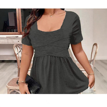 2025-ös női nyári rövid ujjú, tiszta színű, szögletes nyakú, mellkason átnyúló, keresztpántos, rövid ujjú, lezser póló