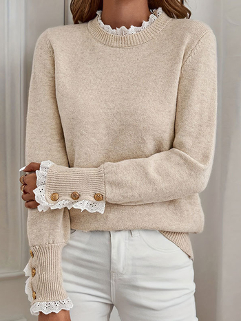 Őszi és téli európai és amerikai export határokon átnyúló női kötöttáru, összeillesztett csipke, kerek nyakú, hosszú ujjú, csatos pulóver, kötöttáru nőknek