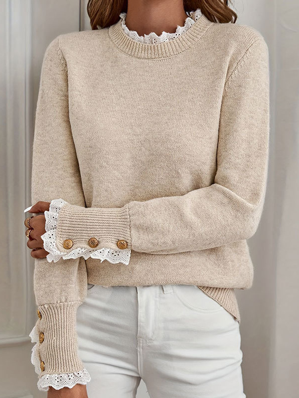 Őszi és téli európai és amerikai export határokon átnyúló női kötöttáru, összeillesztett csipke, kerek nyakú, hosszú ujjú, csatos pulóver, kötöttáru nőknek