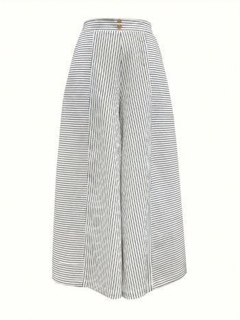 Amazon Европейски и американски трансгранични дамски дрехи за външна търговия 2025 Ежедневни раирани широки панталони с копчета, украсени с копчета