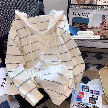 Plus size női csíkos kapucnis kötöttáru lusta fazonú pulóverkabát női tavaszi pufók lányos univerzális hosszú ujjú felső őszi