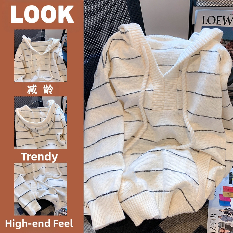 Plus size női csíkos kapucnis kötöttáru lusta fazonú pulóverkabát női tavaszi pufók lányos univerzális hosszú ujjú felső őszi