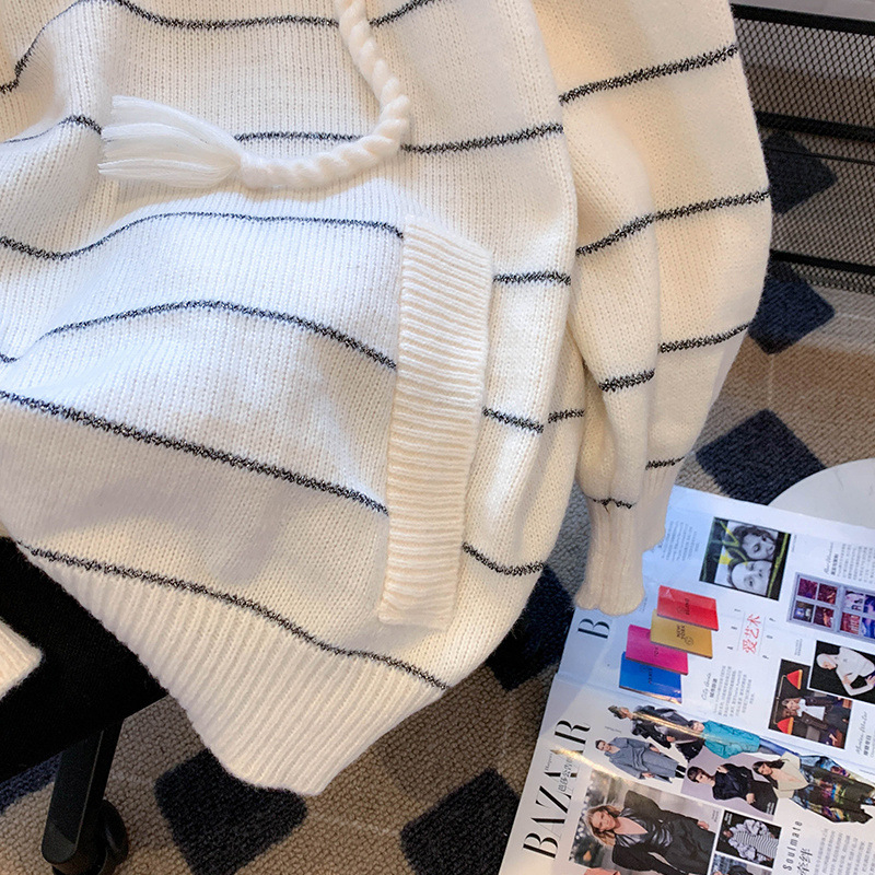 Plus size női csíkos kapucnis kötöttáru lusta fazonú pulóverkabát női tavaszi pufók lányos univerzális hosszú ujjú felső őszi
