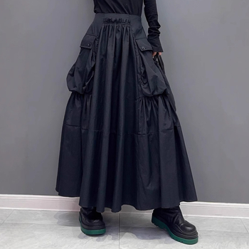 Sötét fazonú, nagy zsebes, magas derekú női szoknya, őszi új stílus, rakott fazon, lezser retró hosszú szoknya széles szegéllyel