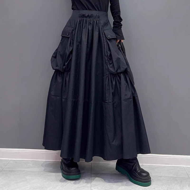 Sötét fazonú, nagy zsebes, magas derekú női szoknya, őszi új stílus, rakott fazon, lezser retró hosszú szoknya széles szegéllyel