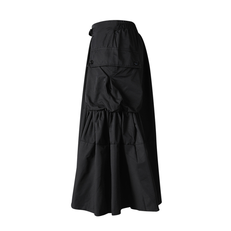 Sötét fazonú, nagy zsebes, magas derekú női szoknya, őszi új stílus, rakott fazon, lezser retró hosszú szoknya széles szegéllyel