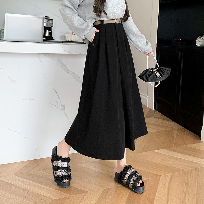 Hosszú szoknya nőknek 2024 őszi és téli új magas derekú koreai stílusú széles szegélyű rakott ágyékvédő karcsúsító megjelenésű kordbársony középhosszú szoknya