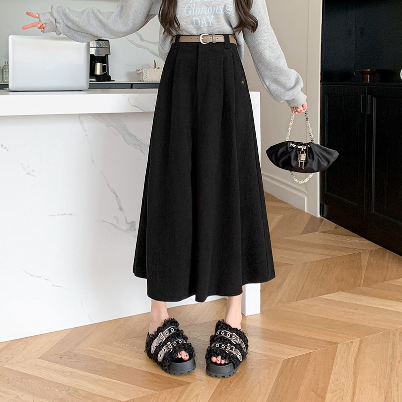 Hosszú szoknya nőknek 2024 őszi és téli új magas derekú koreai stílusú széles szegélyű rakott ágyékvédő karcsúsító megjelenésű kordbársony középhosszú szoknya