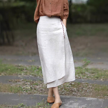 2025 Őszi Tiszta Színű, Közepes Hosszúságú, Eredeti Len Színű, Irodalmi Aszimmetrikus, Tollbetétes Szoknya Len Munkaruházat Hasított A-vonalú Szoknya
