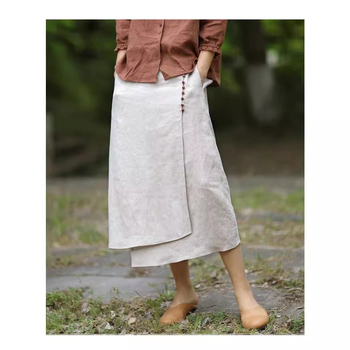 Φθινοπωρινή Φούστα Ασύμμετρης Σύσφιξης από Λινό σε Αέρινο Χρώμα, μεσαίου μήκους, από Λινά Ρούχα Εργασίας, Φούστα με Σχισμή σε Α-Γραμμή