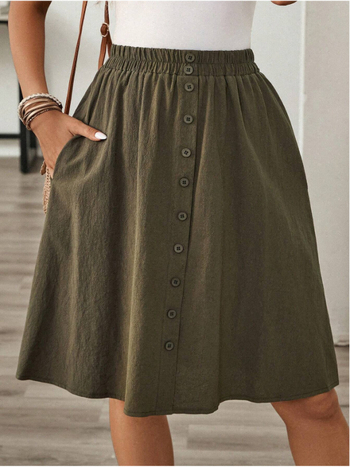 Fustă de vară nouă, transfrontalieră europeană și americană, semi-elastică, talie literară, casual, vrac, cu un singur rând de nasturi, lungime medie, A-line, fustă