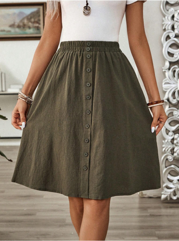 Fustă de vară nouă, transfrontalieră europeană și americană, semi-elastică, talie literară, casual, vrac, cu un singur rând de nasturi, lungime medie, A-line, fustă