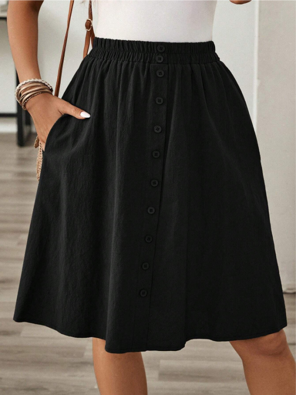 Fustă de vară nouă, transfrontalieră europeană și americană, semi-elastică, talie literară, casual, vrac, cu un singur rând de nasturi, lungime medie, A-line, fustă